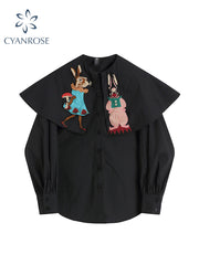 christmas outfit JazzHer Vintage Shirt Women Black 2025 Spring Long Sleeve Casual Oversized Streetwear Sweet Cute Rabbit Print Blouse Fashion Female Tops