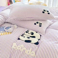 JazzHer Striped Bedding Set Full Size Cartoon Duvet Cover for Kids Purple Bed Sheet Set Single Size Panda Towel Embroidery Bedding Sets