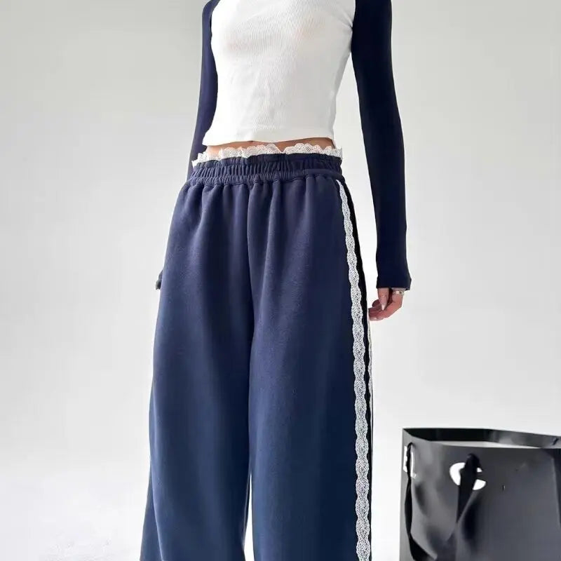 JazzHer Lace Patchwork Sweatpants Women Y2K Streetwear High Waist Wide Leg Pants Korean Fashion Casual Elastic Waist Straight Trousers