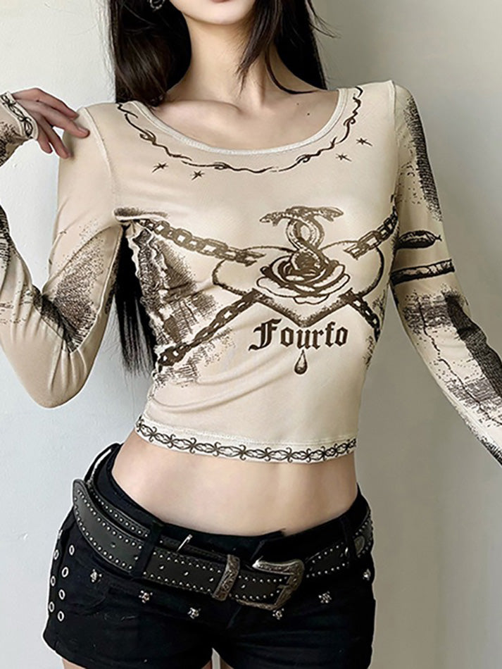 JazzHer Y2K Printed Mesh Long Sleeve Crop Top