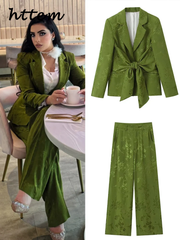 JazzHer Vintage Jacquard Pants Set Women Loose Lapel Bow Lace Up Long Sleeve Jacket Wide Leg Pant 2024 Summer Lady Shiny Office Outfits