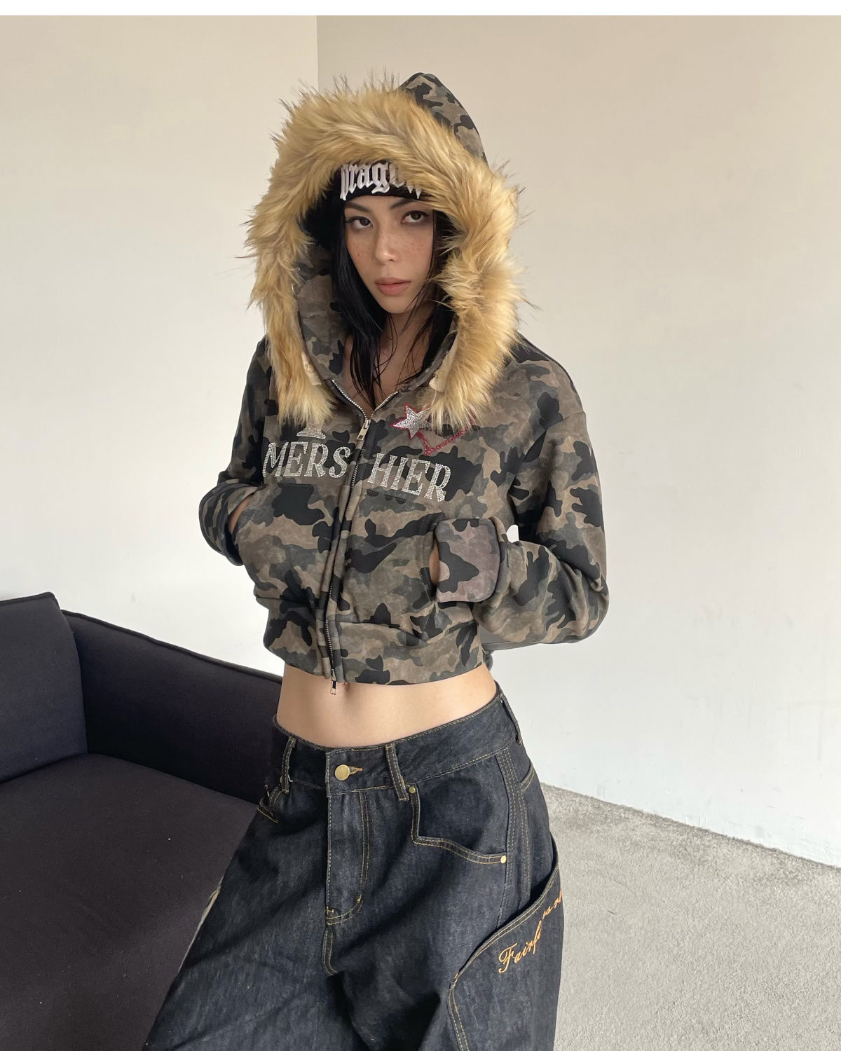 JazzHer Harajuku Zip Up Hoodie camouflage Long Sleeves Tops American Vintage Hoody Harajuku Kpop Punk Coats Top Women Y2k Grunge Hoodies