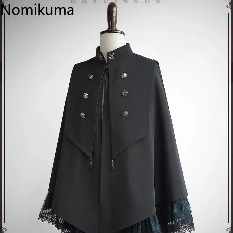 JazzHer Japanese Women Clothing Autumn Winter Women's Cape Windbreaker Coat Gothic Stand Collar Double-breasted Harajuku Cloak Jacket