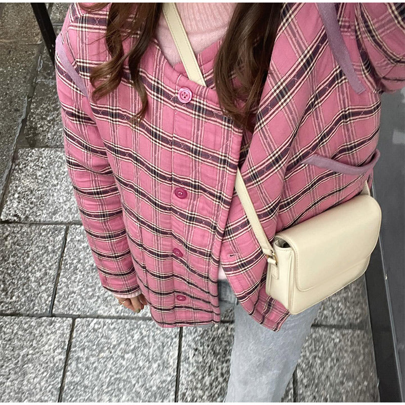 JazzHer Casual Plaid Padded Coats Women Vintage O-neck Button Pockets Long Sleeve Quilted Jackets 2024 Autumn Winter Lady Cotton Outwear