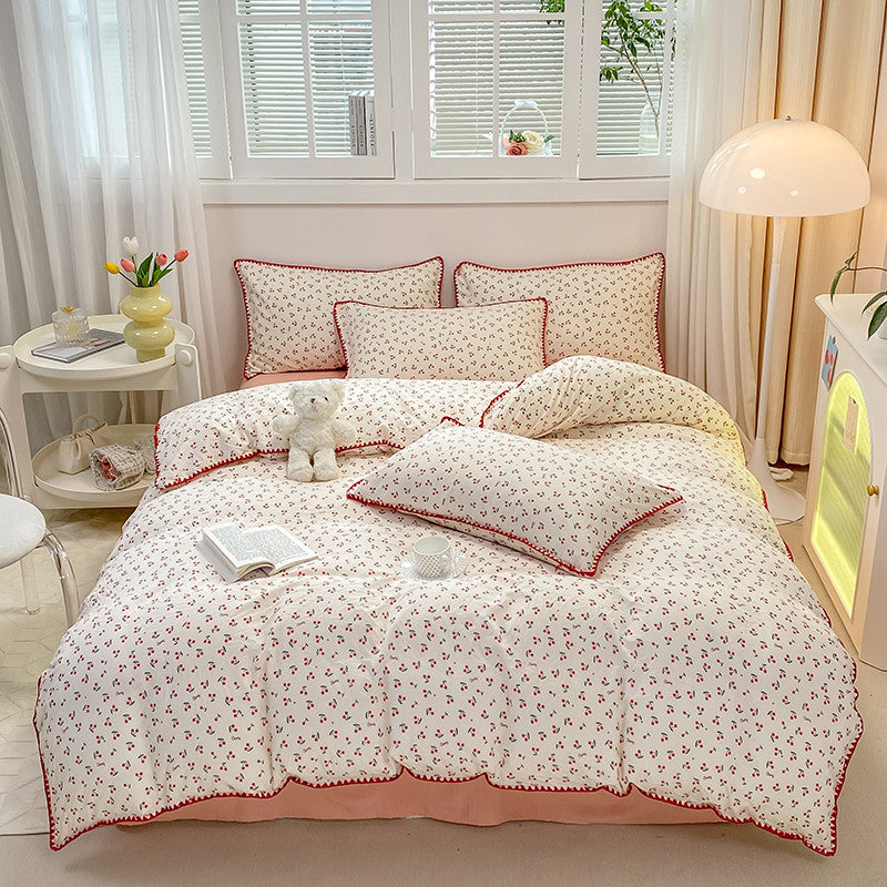 JazzHer INS Girls Cherry Bedding Set Soft Washed Cotton Bed Sheet Queen King Size Simple Quilt Cover Pillowcase Bed Linens