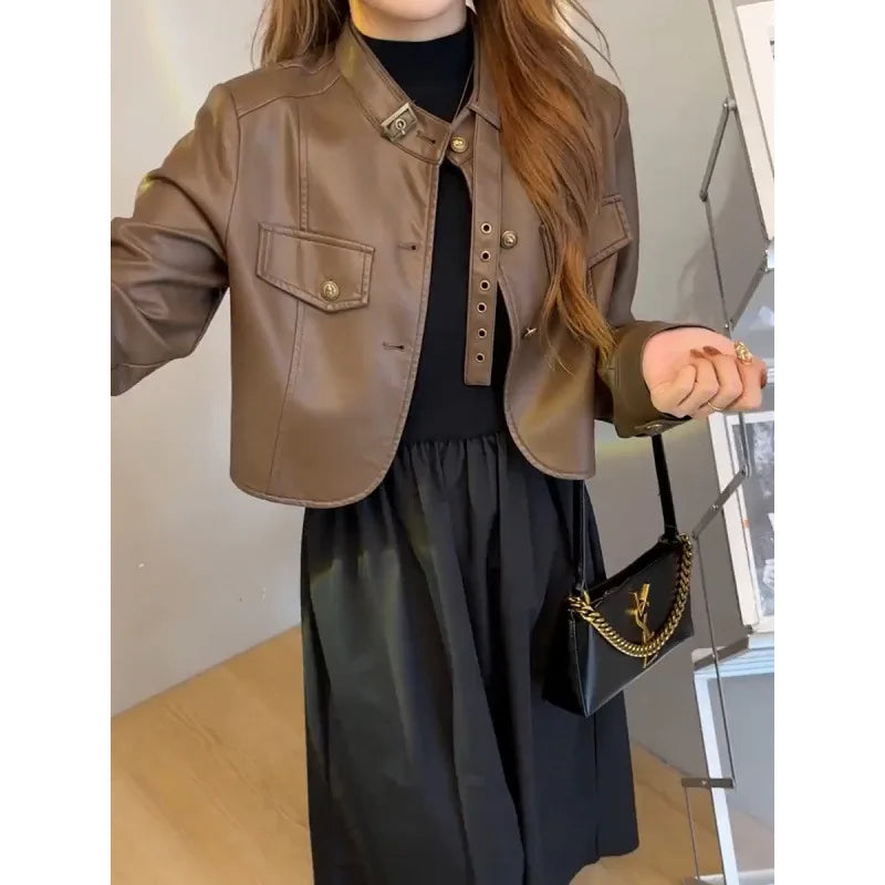 cold weather outfits JazzHer Fashionable Cropped Leather Jacket With Dress Set Women's Single Piece Suit Matching Outfit Elegant Style In Two Pieces