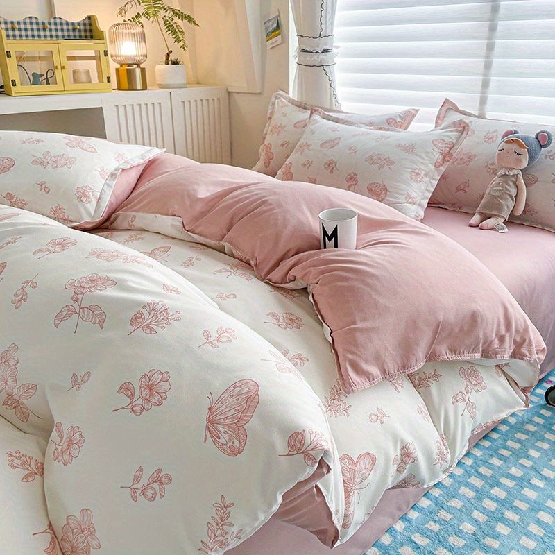 JazzHer Ins Floral Bedding Set Soft Duvet Cover with Zipper No Filler Flat Sheet Pillowcase Cream Green Twin Queen Size Bed Linens