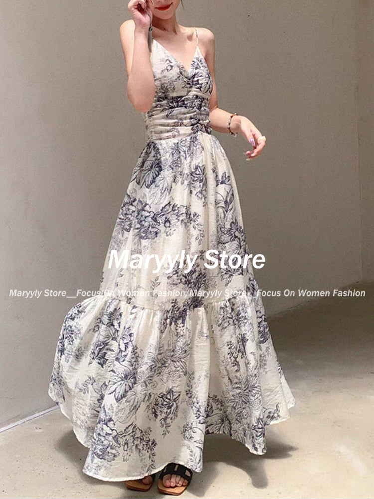 JazzHer Summer Vintage Floral Beach Long Dresses Women Elegant Spaghetti Strap Party Prom Robe Female A-line Chiffon V-neck Clothes chic
