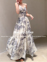 JazzHer Summer Vintage Floral Beach Long Dresses Women Elegant Spaghetti Strap Party Prom Robe Female A-line Chiffon V-neck Clothes chic