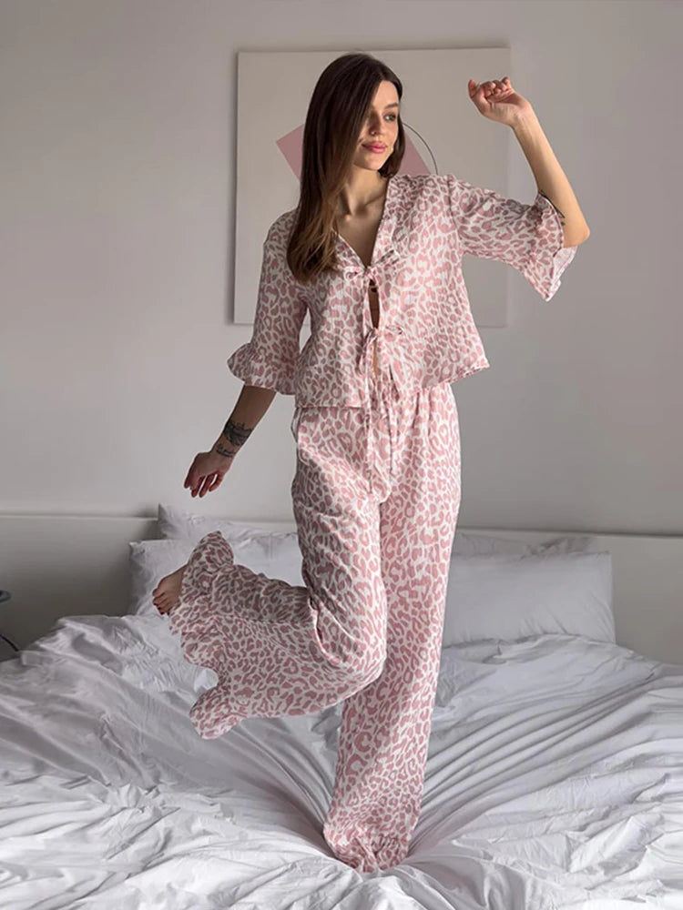 JazzHer Pink Leopard Print Flare Pants Suit Women V-neck Lace Up Half Sleeves Tops Loose Trousers 2024 Spring Summer Lady 2 Pieces Sets