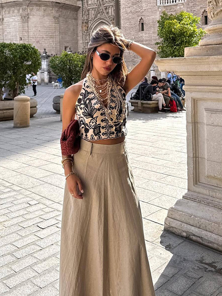 JazzHer Vintage Print Vest Mini Skirt Sets Women Sexy Halter Sleeveless Backless Crop Top High Waist Skirts 2024 Summer Lady Slim Outfit