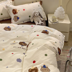 JazzHer Kawaii Bear Bedding Set No Filler Ins Single Queen Size Duvet Cover Flat Sheet Pillowcase Kids Adult Boys Home Hotel Bed Linens