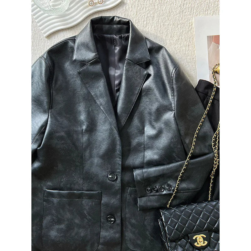 cold weather outfits JazzHer Maillardpu Leather Jacket Women's Vintage Washings Loose Fit Tailored Coat No Collar Fashion Outerwear