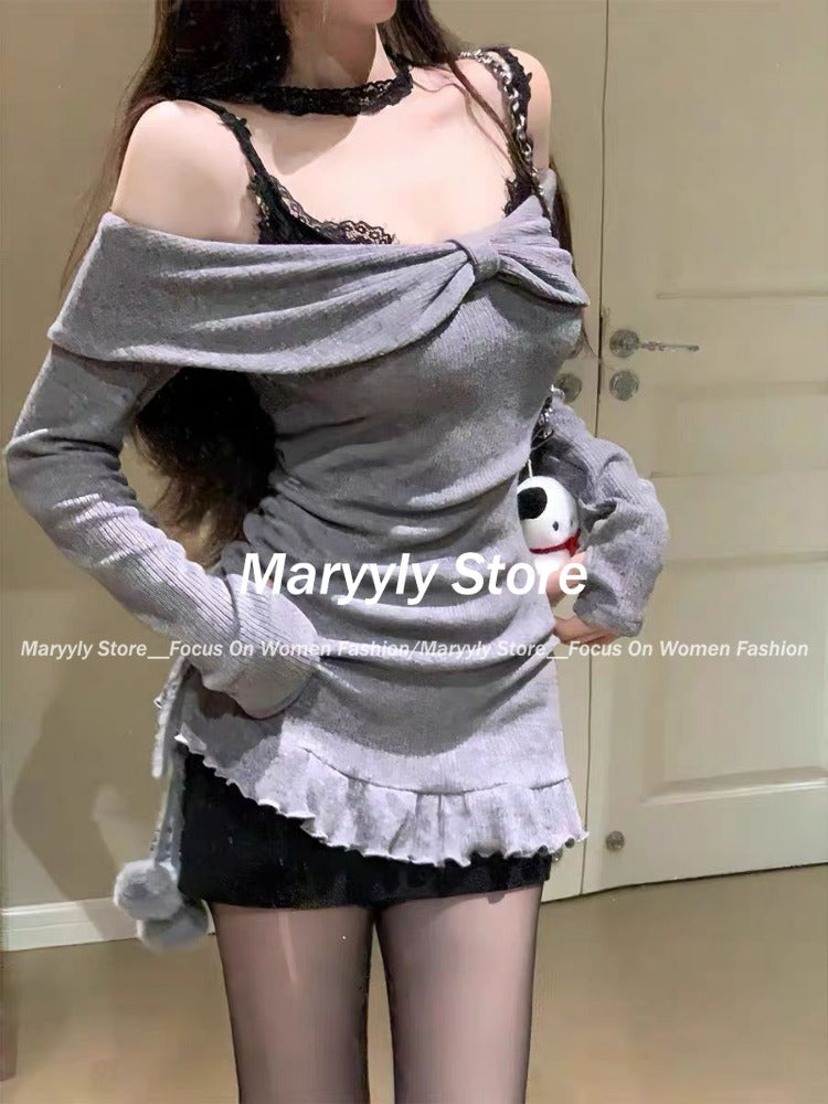 JazzHer Autumn Korean Sweet Dress Suits Women Y2k Slash Nece Sweater Tops + Sexy Slim Lace Mini Dress Female Elegant 2 Piece Sets New