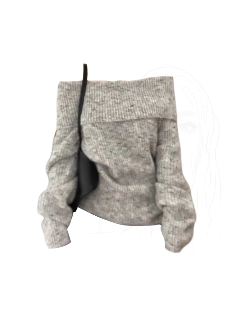 christmas outfit JazzHer Women's Grey Pullover Sweater Harajuku Vintage Korean Y2k Long Sleeves Slash Neck Cashmere Sweaters Jumper 2000s Clothes Autumn