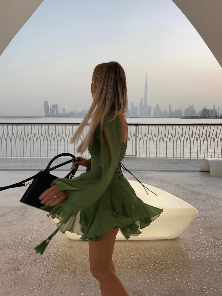 JazzHer Chiffon Green Ruffles Mini Dresses Women Elegant Long Sleeve A Line Beach Robe Fashion Lady Ruffles Holiday Summer Party Vestido