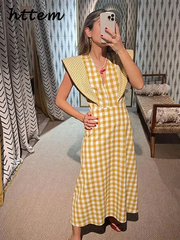 JazzHer Fashion Plaid Print Flying Sleeve Long Dress Women V-neck Sleeveless High Waist Female Dresses 2024 Summer Lady Holiday Robe New