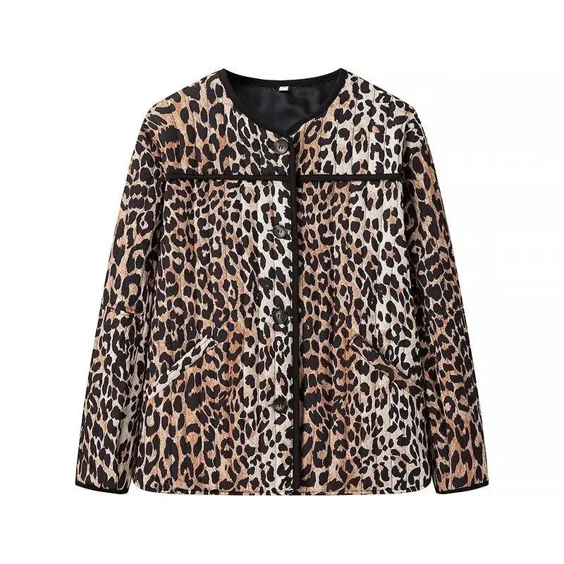 JazzHer Panelled Leopard Print Cotton Coat Women Vintage O-neck Single Breasted Pockets Long Sleeves Quilted Jacket 2024 Lady Chic Parka