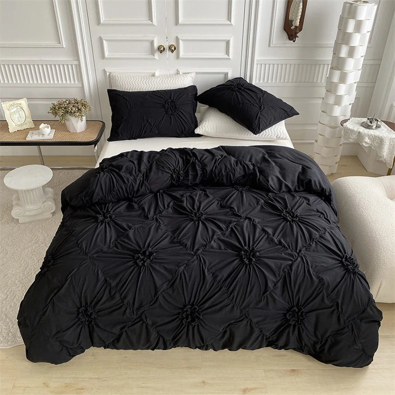 JazzHer Three-dimensional Pinch Pleated Crafts Double Duvet Cover Set 220x240 Solid Twist Flowers King Size Bedding Set Quilt Cover Set