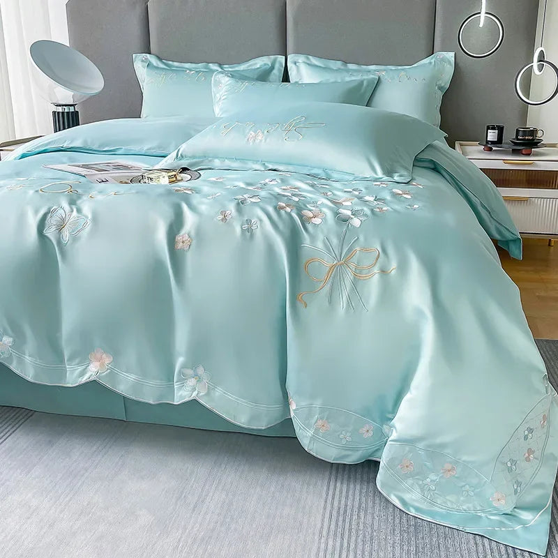 JazzHer Fresh 120 Cotton Four-Piece Set Girl's Heart Butterfly Embroidered Cotton Quilt Cover Fitted Sheet Bare Sleeping Bedding