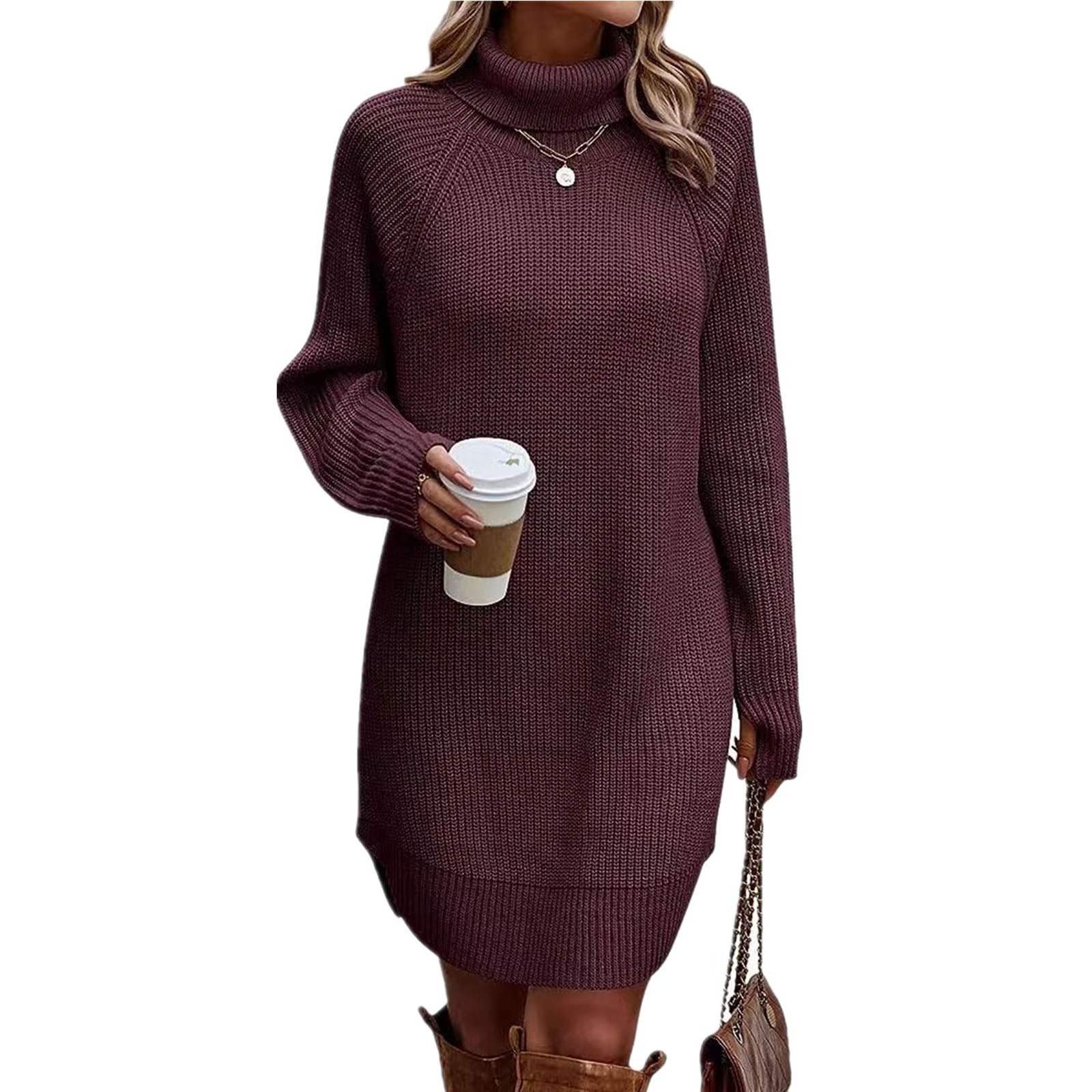 thanksgiving outfit JazzHer Women s Fall Mini Dress Long Sleeve Turtleneck Solid Color Knitted Dress Casual Sweater Dress