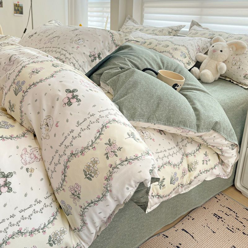 JazzHer Pink Floral Bedding Set Soft Ins Single Double Queen Size Duvet Cover Flat Sheet Pillowcase Girls Home Totel Bed Linens