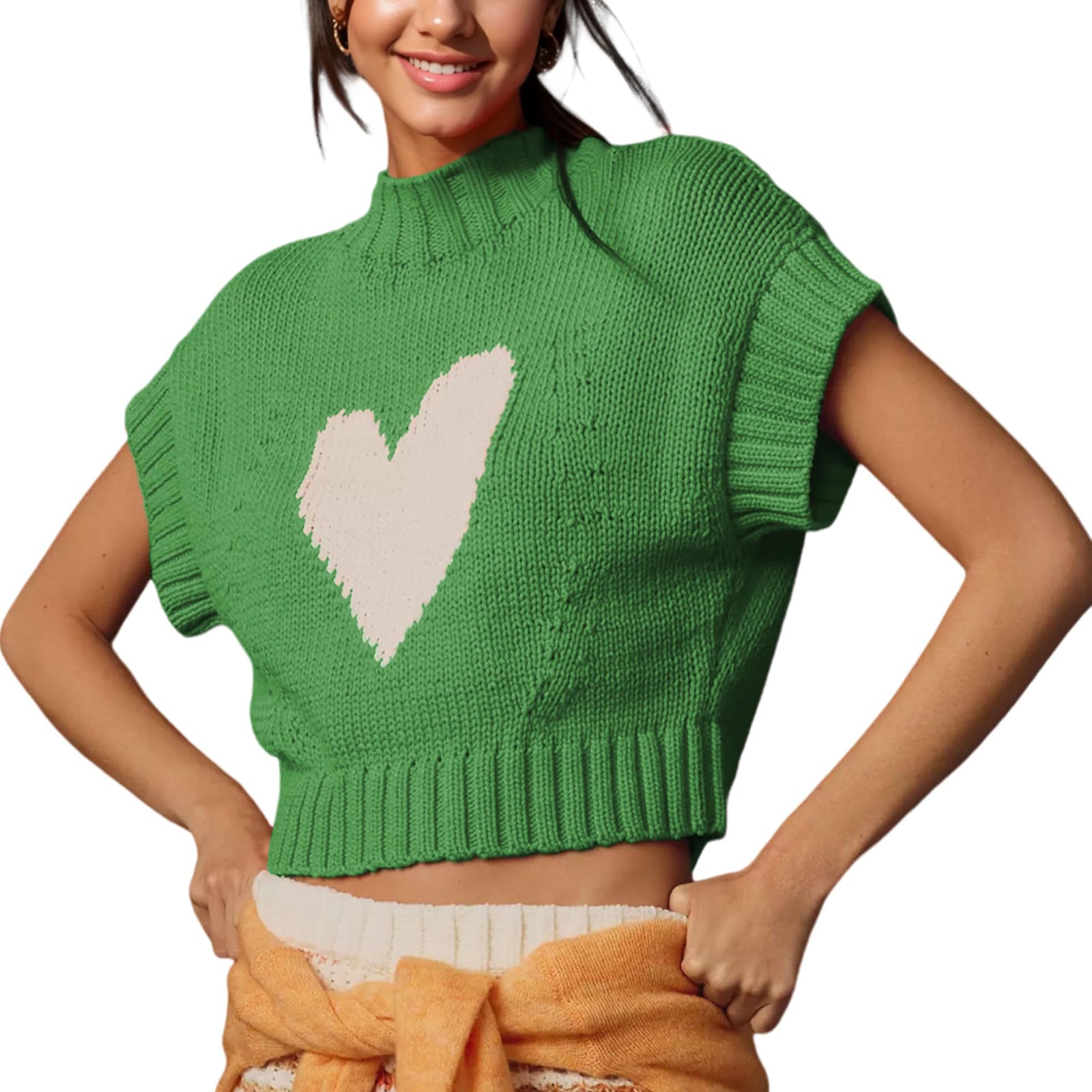 thanksgiving outfit JazzHer Womens Short Sleeve Sweater Heart Mock Neck Crop Knitted Tops Casual Streetwear for Daily Office Party