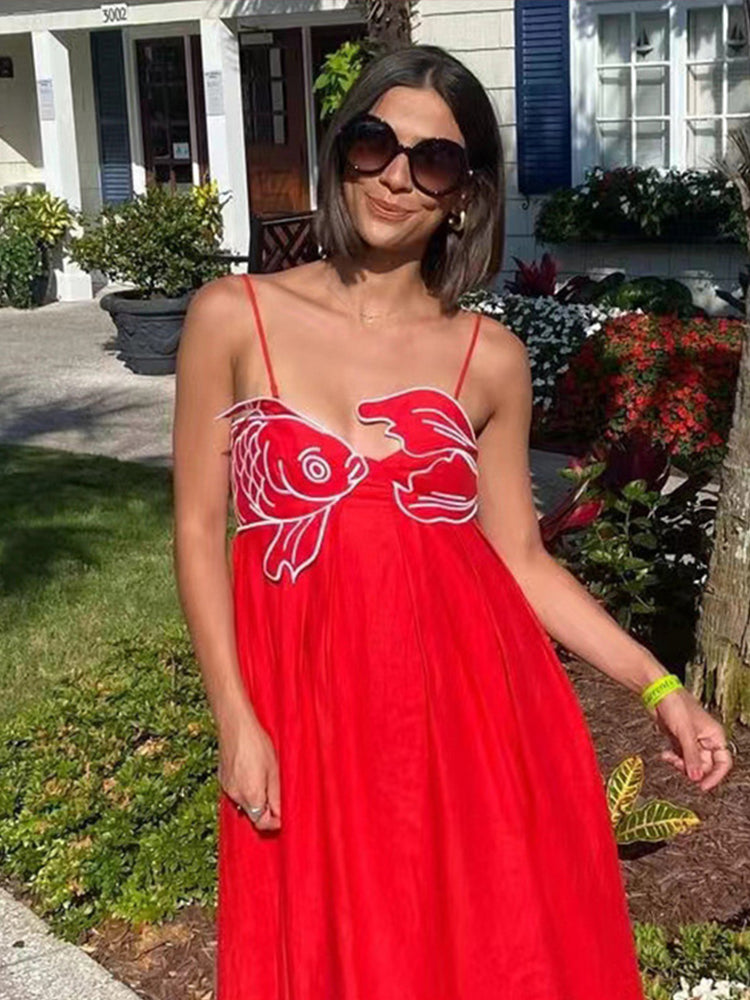 JazzHer Fashion Embroidery Sling Dress Women Loose V-neck Pleated Sleeveless Backless Female Dresses 2024 Summer Lady Holiday Beach Robe