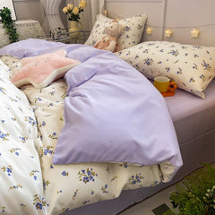JazzHer Floral Bedding Set Ins Lilac Duvet Cover with Zipper No Filler Flat Sheet Pillowcase Twin Full Queen Size Girls Bed Linens