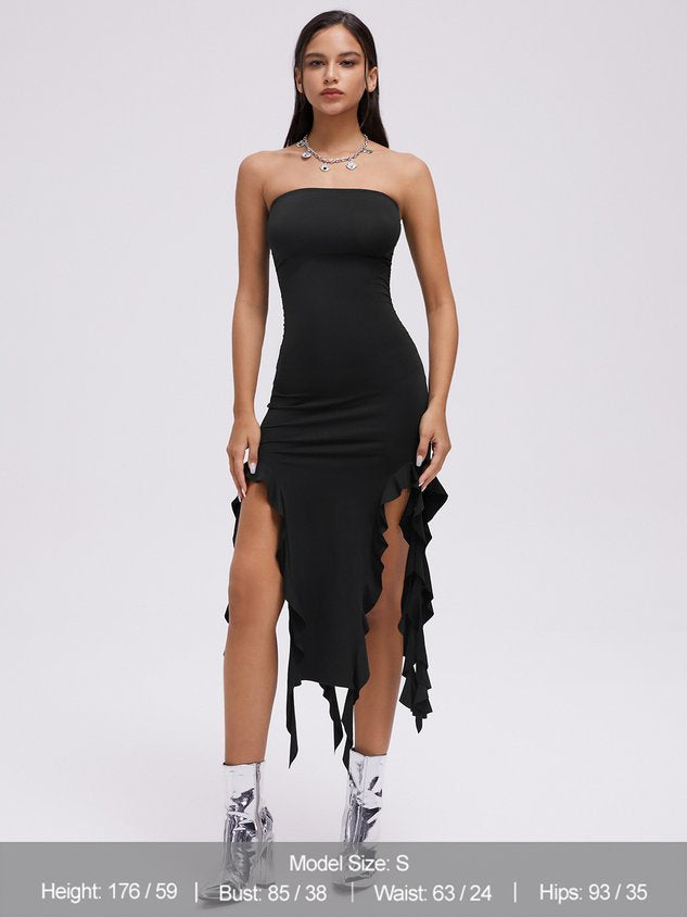 JazzHer 2024 New Y2k Balletcore Black Ruffles Tube Dress Midi Dress