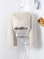 thanksgiving outfit JazzHer Casual Faux Fur Crop Tops Women Loose O-neck Long Lantern Sleeves Short Coats Female 2024 Autumn Winter Thick Warm Outwear Lady