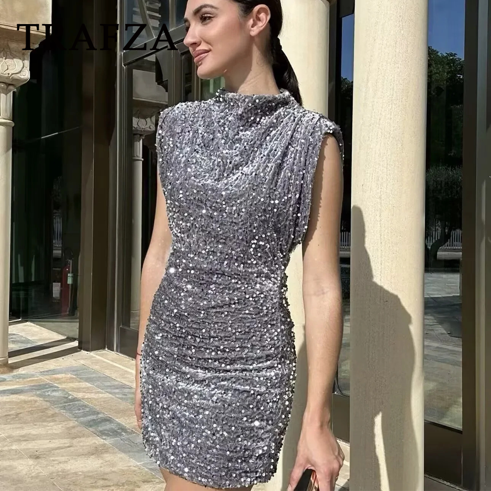 cold weather outfits JazzHer 2024 Women Sequined Party Dress Shoulder Pad Sheath Mini Dress Sleeveless Nightclub Party Women Elegant Chic Dresses