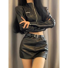 cold weather outfits JazzHer Women's Autumn/Winter New Vintage Biker Shorts Jacket Leather Clothes High-Waisted Versatile Skirt Dress Set