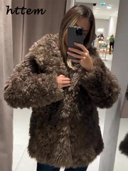 JazzHer Vintage Women's Fluffy Fur Coat Loose Lapel Long Sleeve Female Furry Jacket 2024 Autumn Winter Lady Street Solid Thicken Outwear