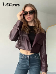 JazzHer Fashion Women's Burgundy Crop Leather Jacket Vintage Lapel Pockets Long Sleeve Coat 2024 Autumn Winter Lady Street Loose Outwear