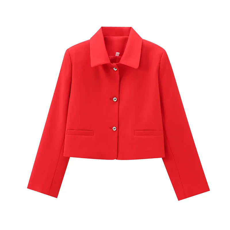 JazzHer Street Red Single Breasted Short Coats Women Lapel Long Sleeve Pockets Female Jackets 2024 Autumn Lady Elegant Commute Outwear