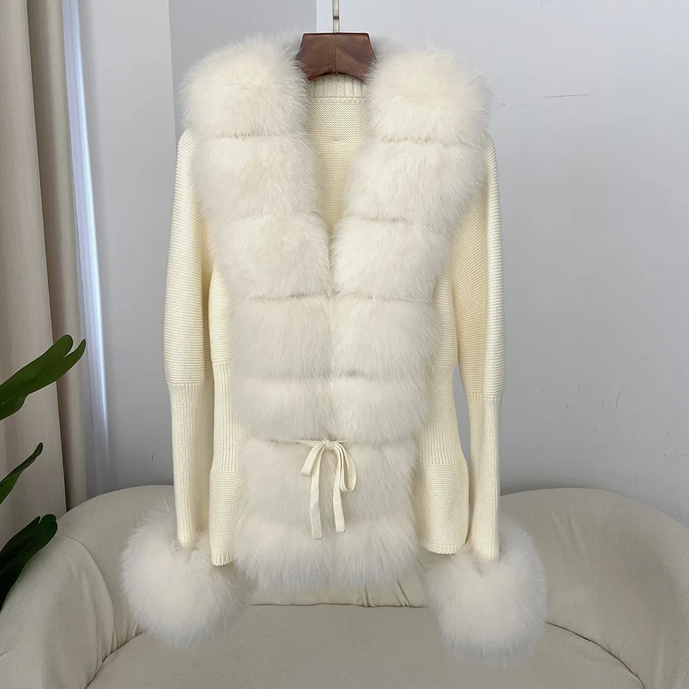 cold weather outfits JazzHer Autumn/winter New Arrival Detachable Real Fox Fur Placket Sleeve Opening Knitted Top Leather Jacket V-neck Pullover