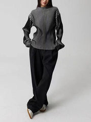 JazzHer 2024 Fall Fashion Black and White Contrast Turtleneck Knit Sweater