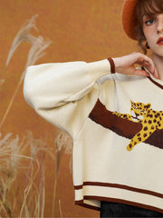 JazzHer 2024 Fall Fashion A Leopard Knit Sweatshirt That Stays On The Tree