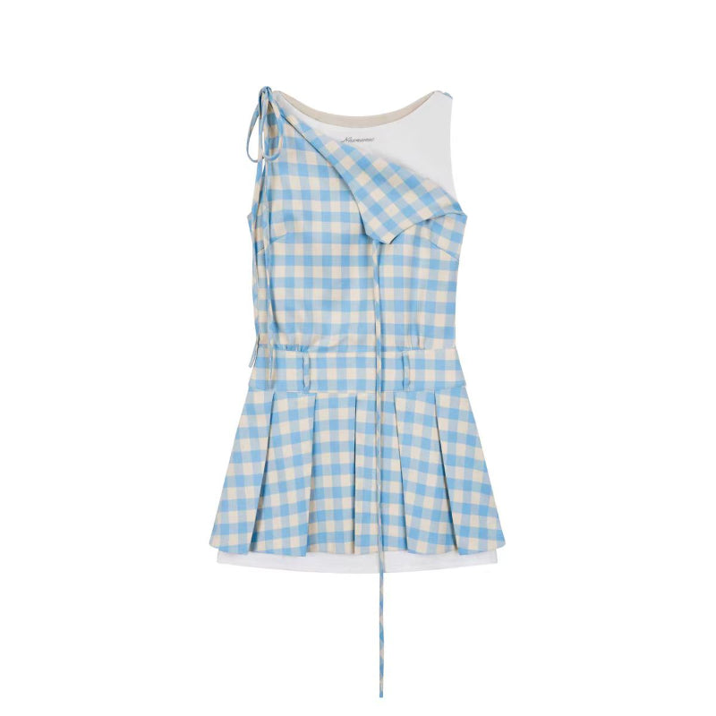 JazzHer 2000s Vintage Blue Plaid Fake Two Piece Dress Women Casual Retro Y2k Mini Dress Summer 2025 Japanese Fashion Sweet Cute Dress