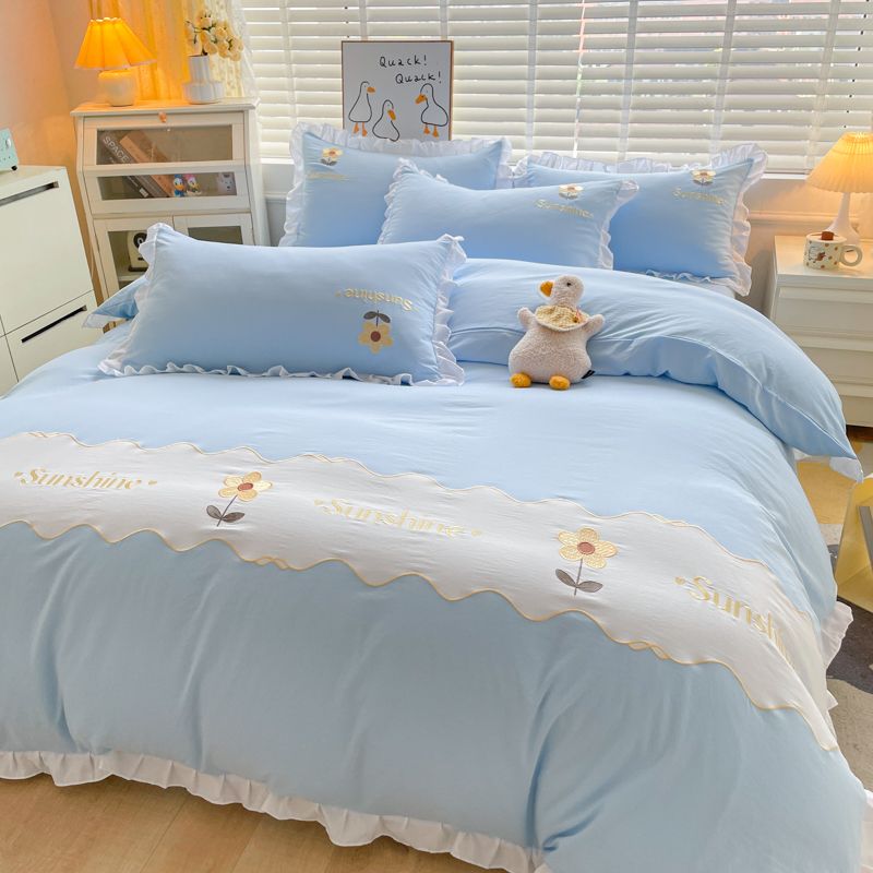 JazzHer Kawaii Princess Bedding Set with White Ruffles Korean Style Girls Single Full Duvet Cover No Filling Flat Sheet Pillowcases Kit