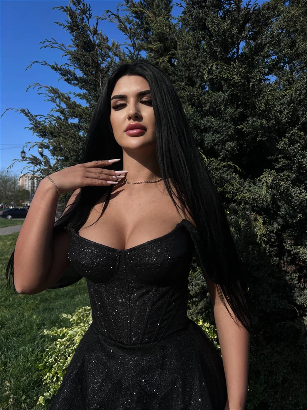 JazzHer Gothic Black Shiny A-line Vestido De Novia Gorgeous Off Shoulder Prom Dress Spark Short Sleeve Evening Dresses-(PRE-ORDER)