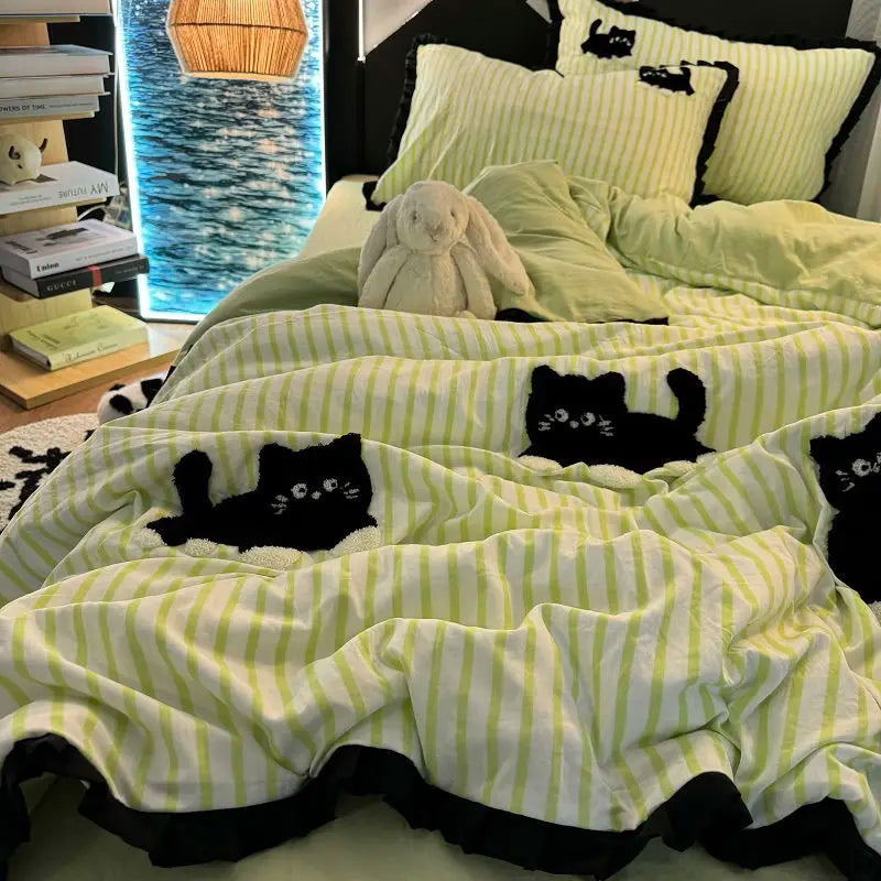 JazzHer Korean Style Bedding Set Green Strip Black Cat Embroidery Washed Cotton  Duvet Cover Cute Cardboard  Bed linen Comforter Sets