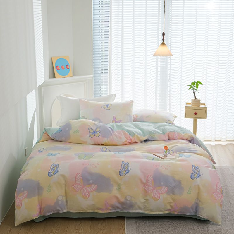 JazzHer Butterfly Ins Duvet Cover Set No Filler Pillowcase Flat Sheet Korean Style Single Queen Size Girls Boys Home Hotel Bedding Set