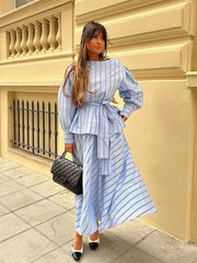 JazzHer Elegant Stripe Print Skirt Set Women Fashion Belt Lantern Sleeve Shirt Pleated Long Skirts 2024 Spring Summer Casual Lady Outfit