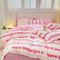 JazzHer Princess Style Bedding Set Girls Twin Queen Full Size Duvet Cover Set Bed Flat Sheet Pillowcase Kids Adult Pink Letter Bed Linen