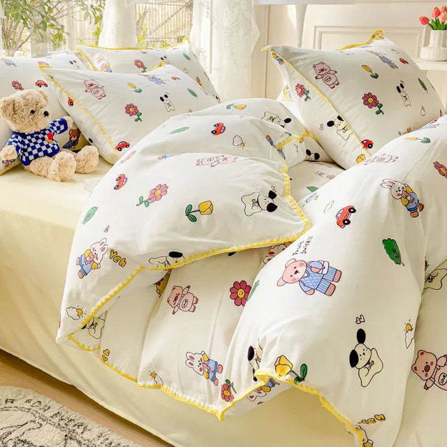 JazzHer Lovely Pastoral Girls Flower Bedding Set, Soft Washed Cotton Bed Linens For Dreamy Nights, Simple Bedspread And Home Textile