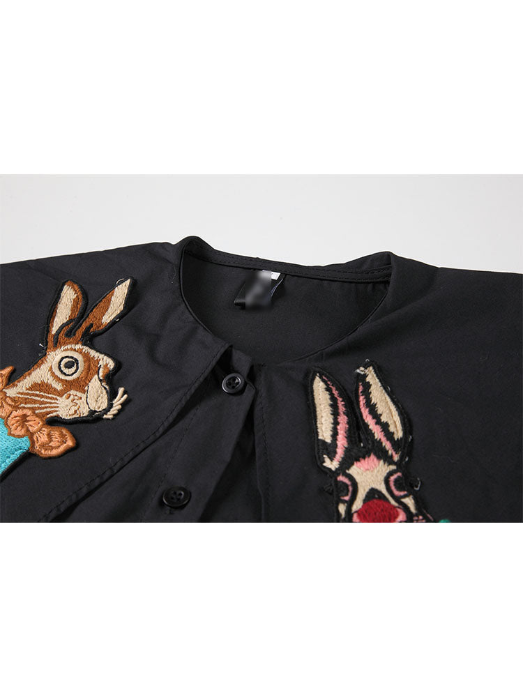 christmas outfit JazzHer Vintage Shirt Women Black 2025 Spring Long Sleeve Casual Oversized Streetwear Sweet Cute Rabbit Print Blouse Fashion Female Tops