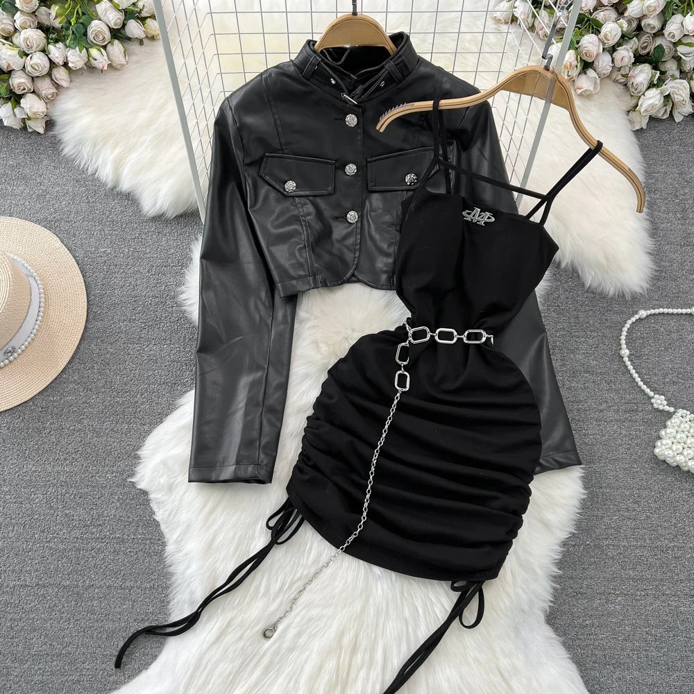 cold weather outfits JazzHer Vintage Stand Collar Motorcycle PU Leather Long Sleeve Jacket Waist-Fitted Slimming Ruffles Tank Dress 2-Piece Set