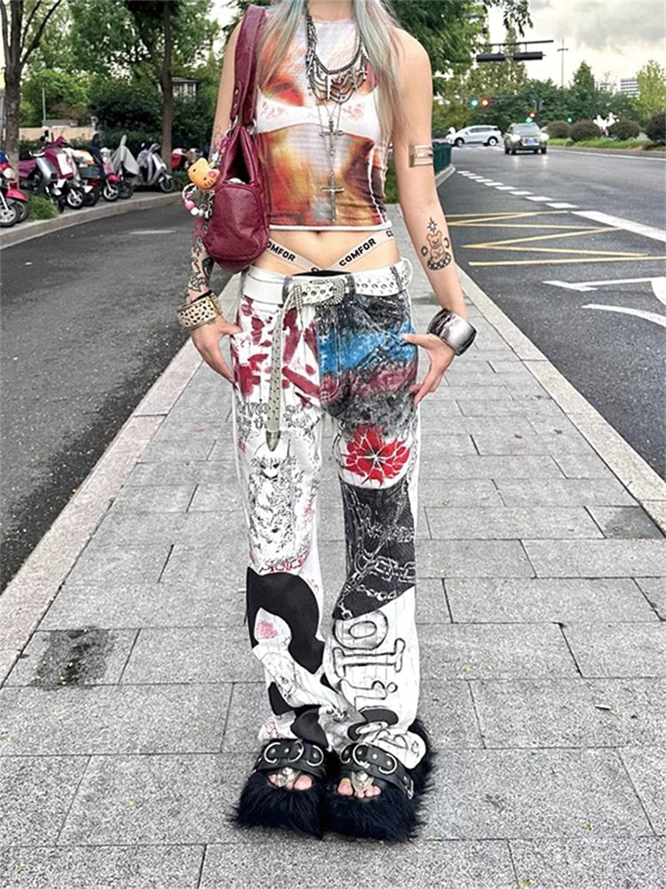 christmas outfit JazzHer Women's White Baggy Graffiti Print Jeans Harajuku Denim Trousers Japanese 2000s Style Y2k Vintage Jean Pants Emo Trashy Clothes